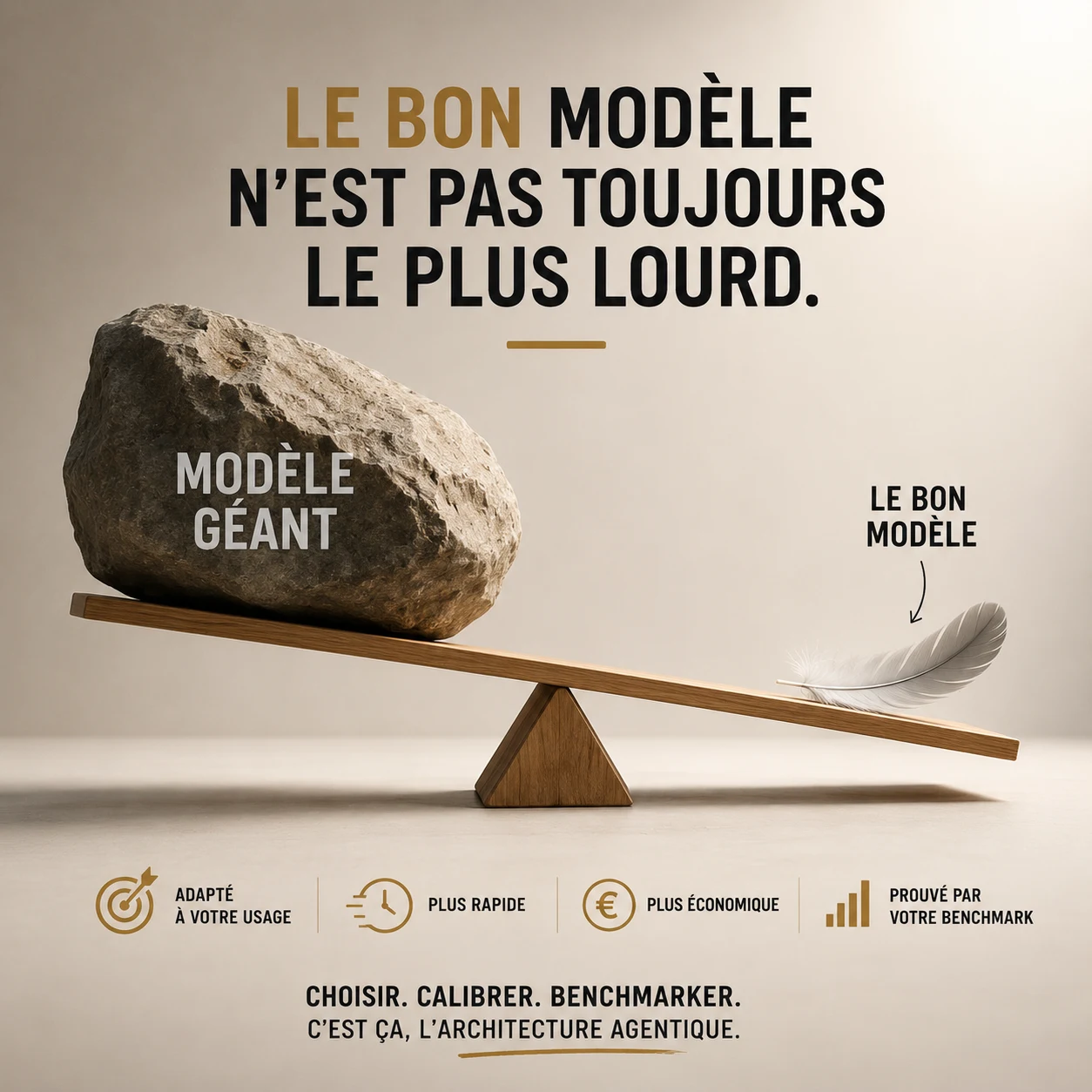 Une balance oppose une lourde pierre représentant un modèle géant à une plume représentant un modèle adapté.