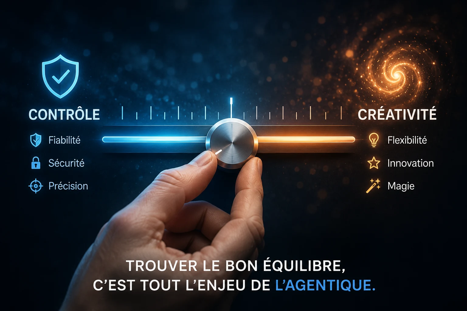 Une main règle un curseur entre contrôle, fiabilité et sécurité d'un côté, créativité et flexibilité de l'autre.
