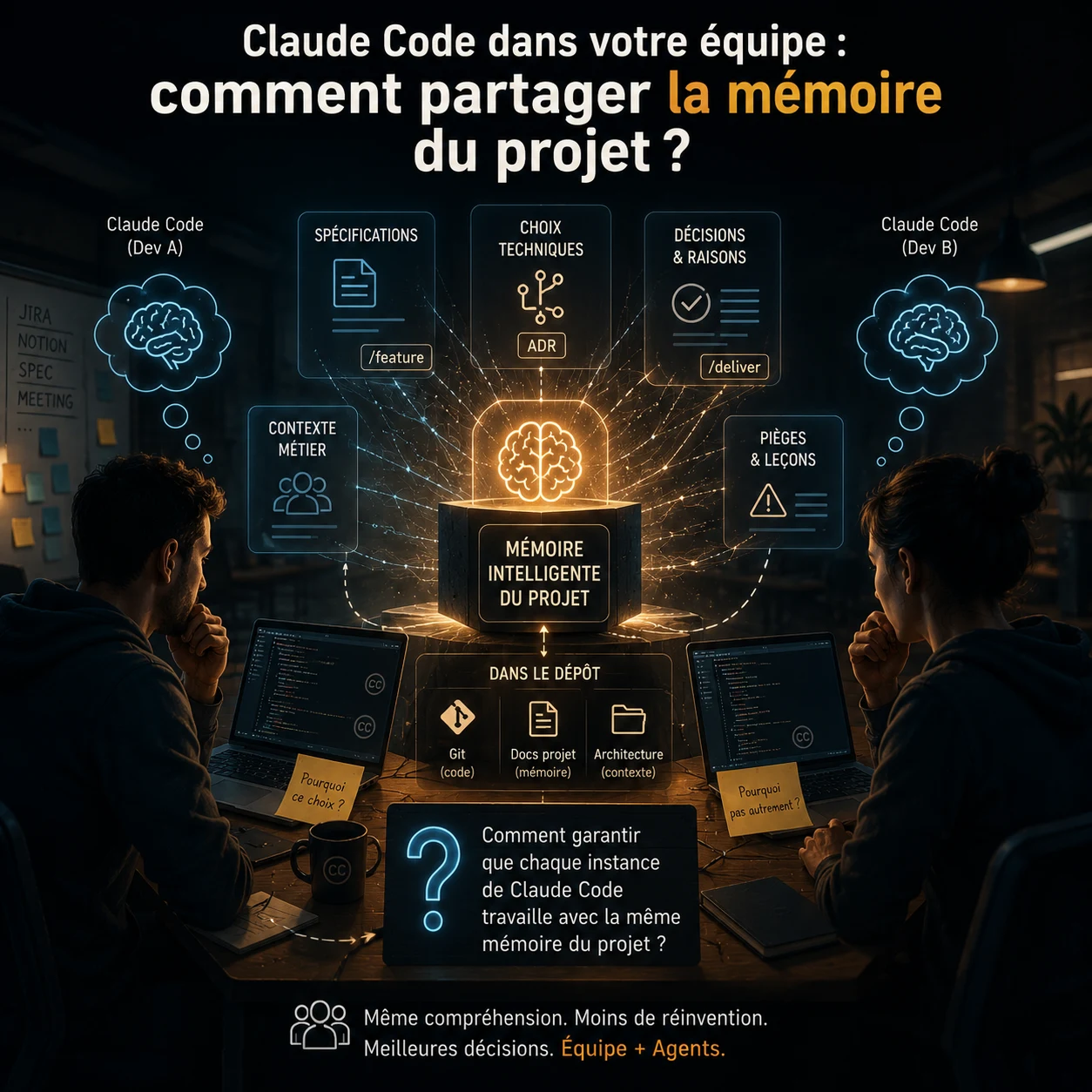 Deux développeurs et leurs agents Claude Code partagent une mémoire de projet regroupant spécifications, décisions et contexte métier.
