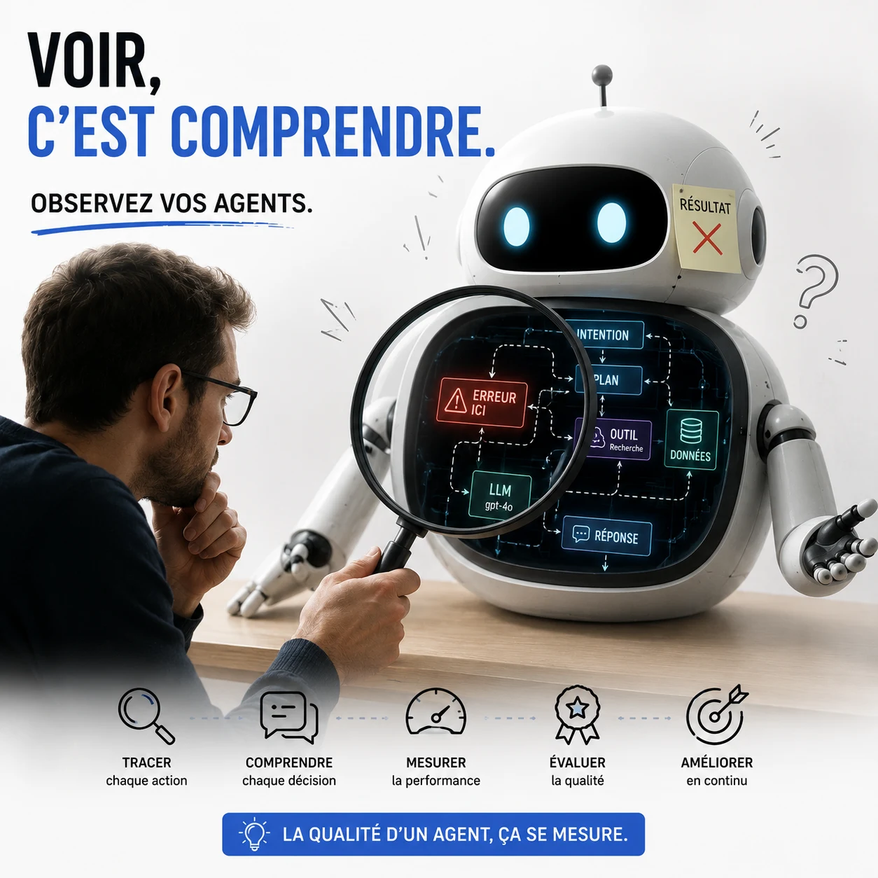 Un consultant examine à la loupe les étapes d'exécution d'un robot pour localiser une erreur.