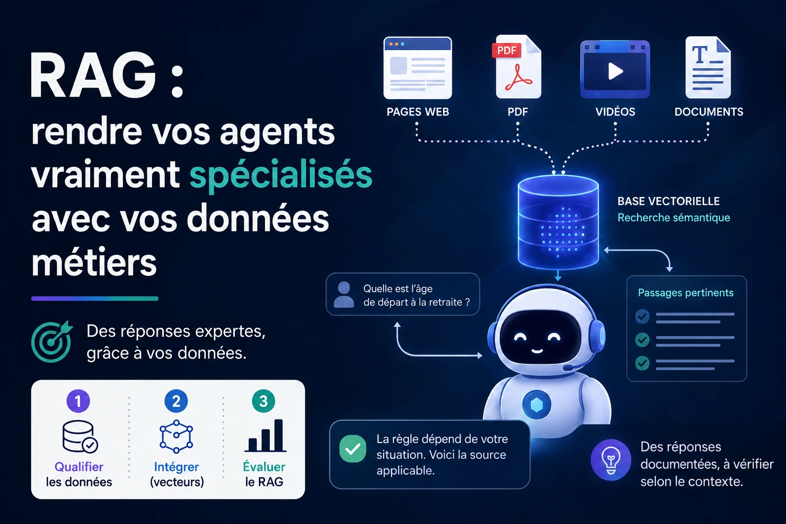 Pages web, PDF, vidéos et documents alimentent une base vectorielle dont un agent extrait des passages pour répondre.