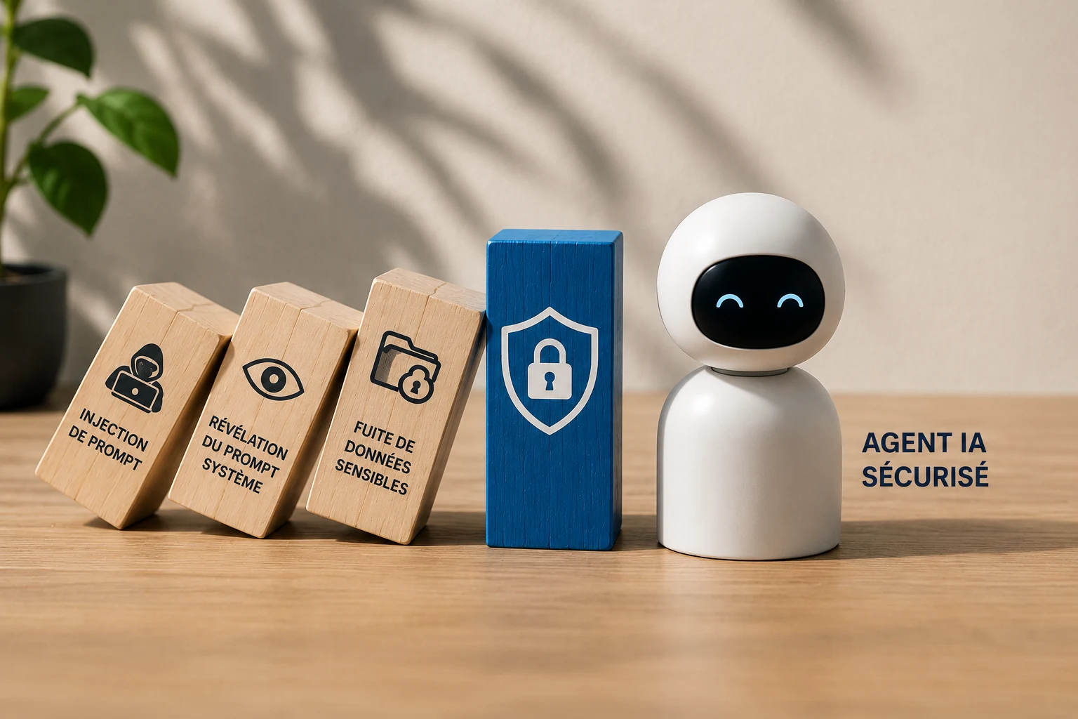 Un bloc bleu portant un bouclier protège un robot de dominos représentant les risques d'injection et de fuite de données.